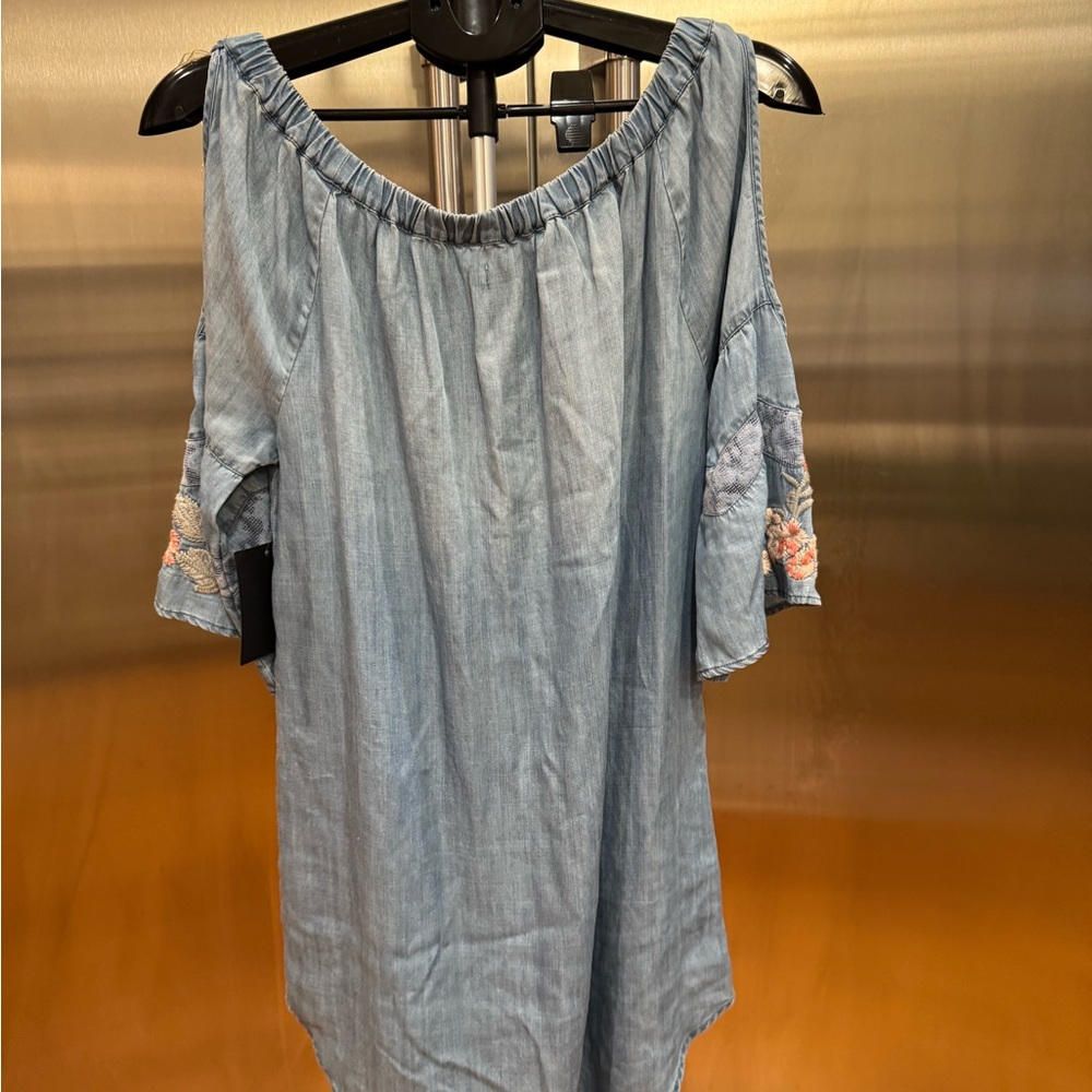 Billy T Blue Off-Shoulder Dress with Floral Sleeves